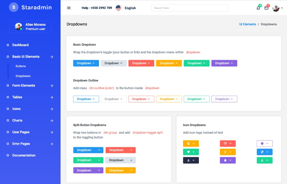 Dropdown options available in star admin react free template