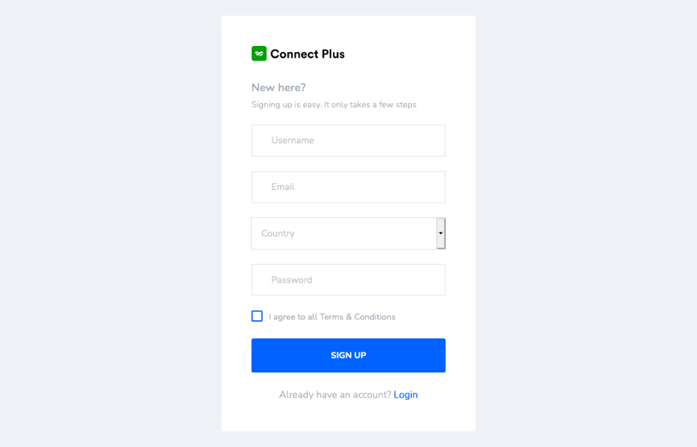sign up page of connect plus react-admin free