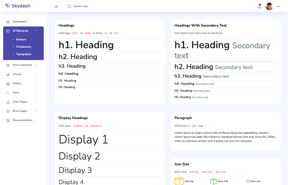 sskydash bootstrap admin template's UI elements and typography